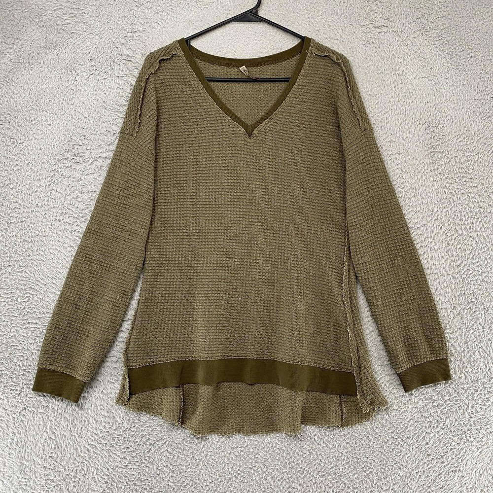 XCVI Thermal Tunic Womens Small Green Waffle Knit V Neck Hi Low Hem Long Sleeve